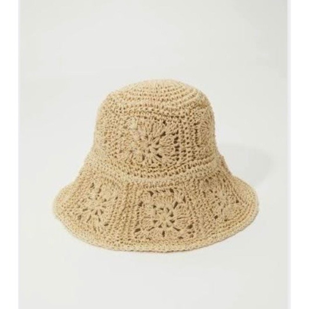 Lucky Brand Crochet Floral-Panel Bucket Hat in Beige